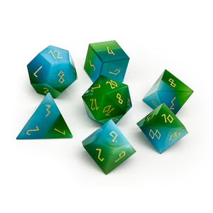 Split the Party - Blue and Green Cats Eye 7 Piece RPG Set Glass Dice
