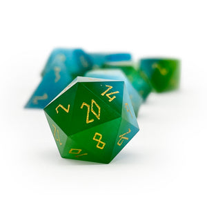 Split the Party - Blue and Green Cats Eye 7 Piece RPG Set Glass Dice