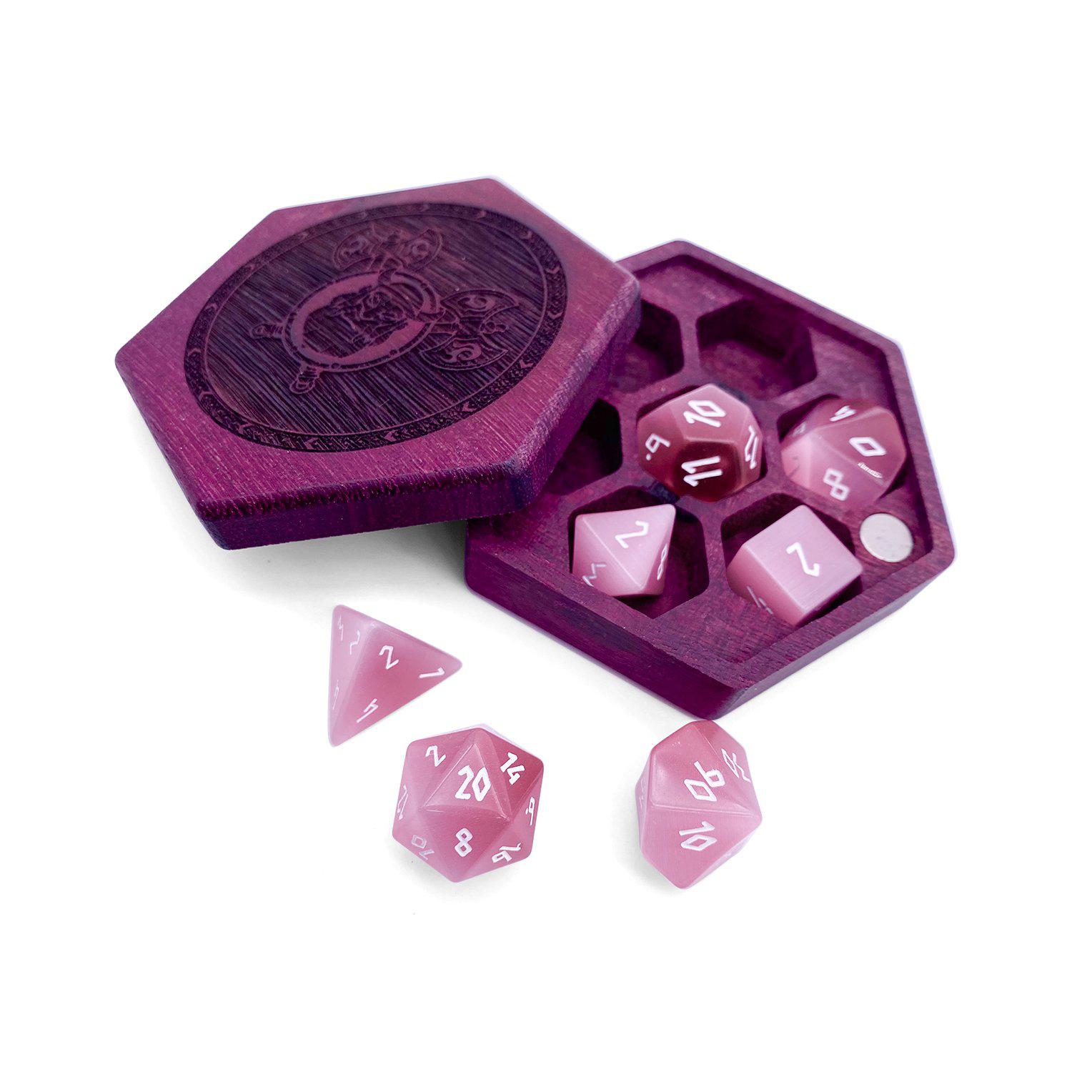 Pink Cats Eye - 7 Piece RPG Set Glass Dice-Glass Dice-Norse Foundry-Norse Foundry-cat's eye glass dice-dungeons & dragons-d&d dice set-rpg dice set-glass dice set-d&d-perfect for tabletop rpgs