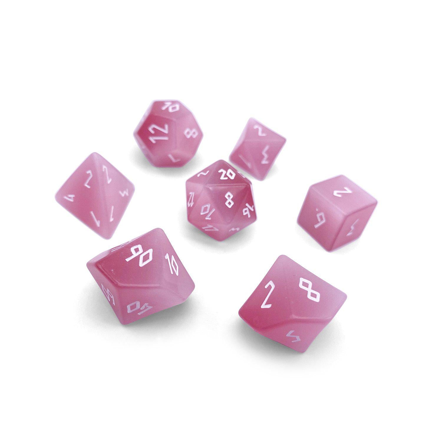 Pink Cats Eye - 7 Piece RPG Set Glass Dice-Glass Dice-Norse Foundry-Norse Foundry-cat's eye glass dice-dungeons & dragons-d&d dice set-rpg dice set-glass dice set-d&d-perfect for tabletop rpgs
