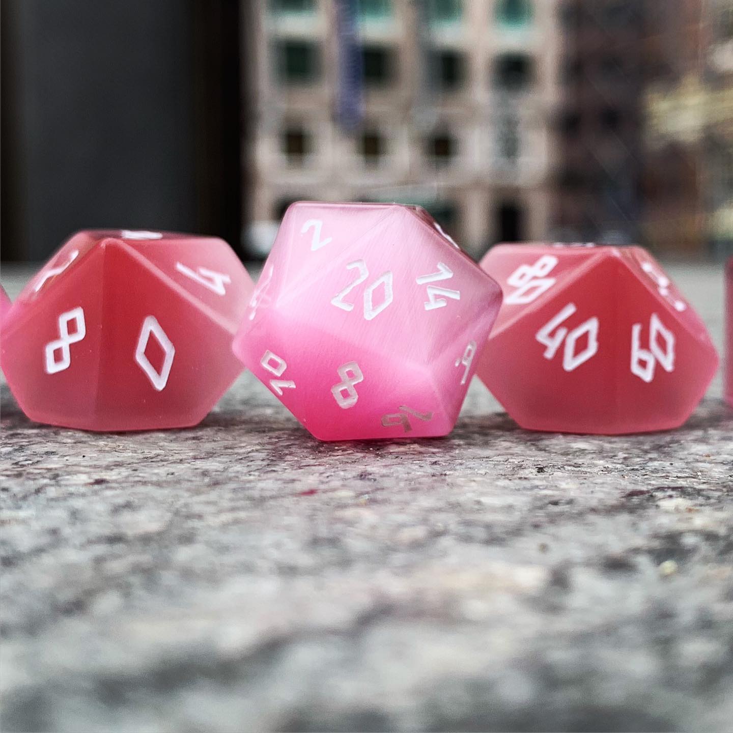 Pink Cats Eye - 7 Piece RPG Set Glass Dice-Glass Dice-Norse Foundry-Norse Foundry-cat's eye glass dice-dungeons & dragons-d&d dice set-rpg dice set-glass dice set-d&d-perfect for tabletop rpgs