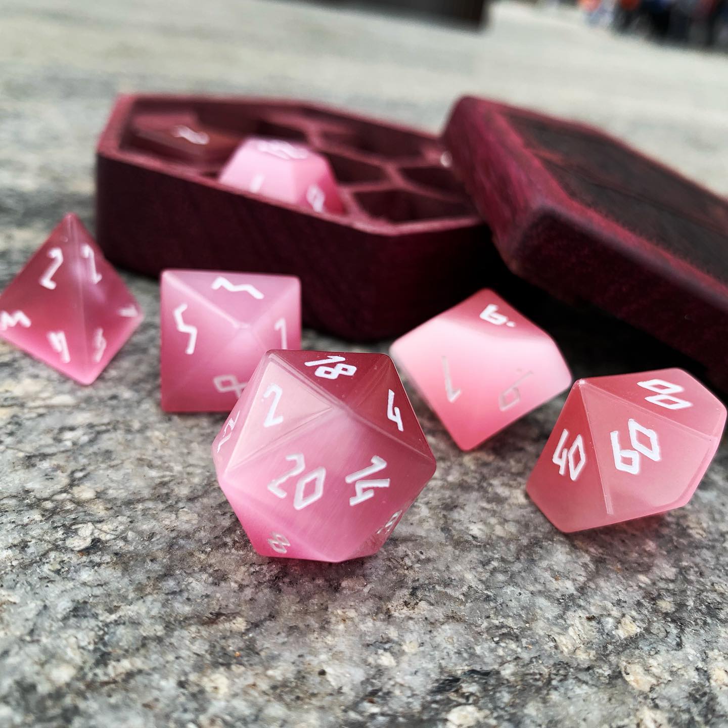 Pink Cats Eye - 7 Piece RPG Set Glass Dice-Glass Dice-Norse Foundry-Norse Foundry-cat's eye glass dice-dungeons & dragons-d&d dice set-rpg dice set-glass dice set-d&d-perfect for tabletop rpgs