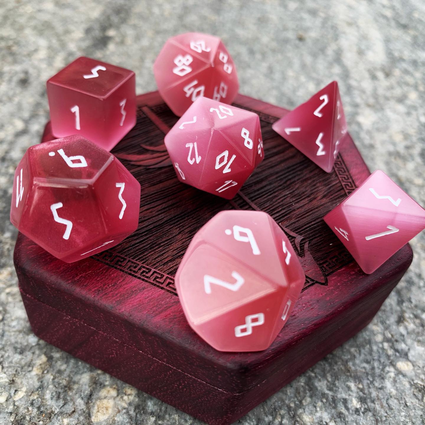 Pink Cats Eye - 7 Piece RPG Set Glass Dice-Glass Dice-Norse Foundry-Norse Foundry-cat's eye glass dice-dungeons & dragons-d&d dice set-rpg dice set-glass dice set-d&d-perfect for tabletop rpgs
