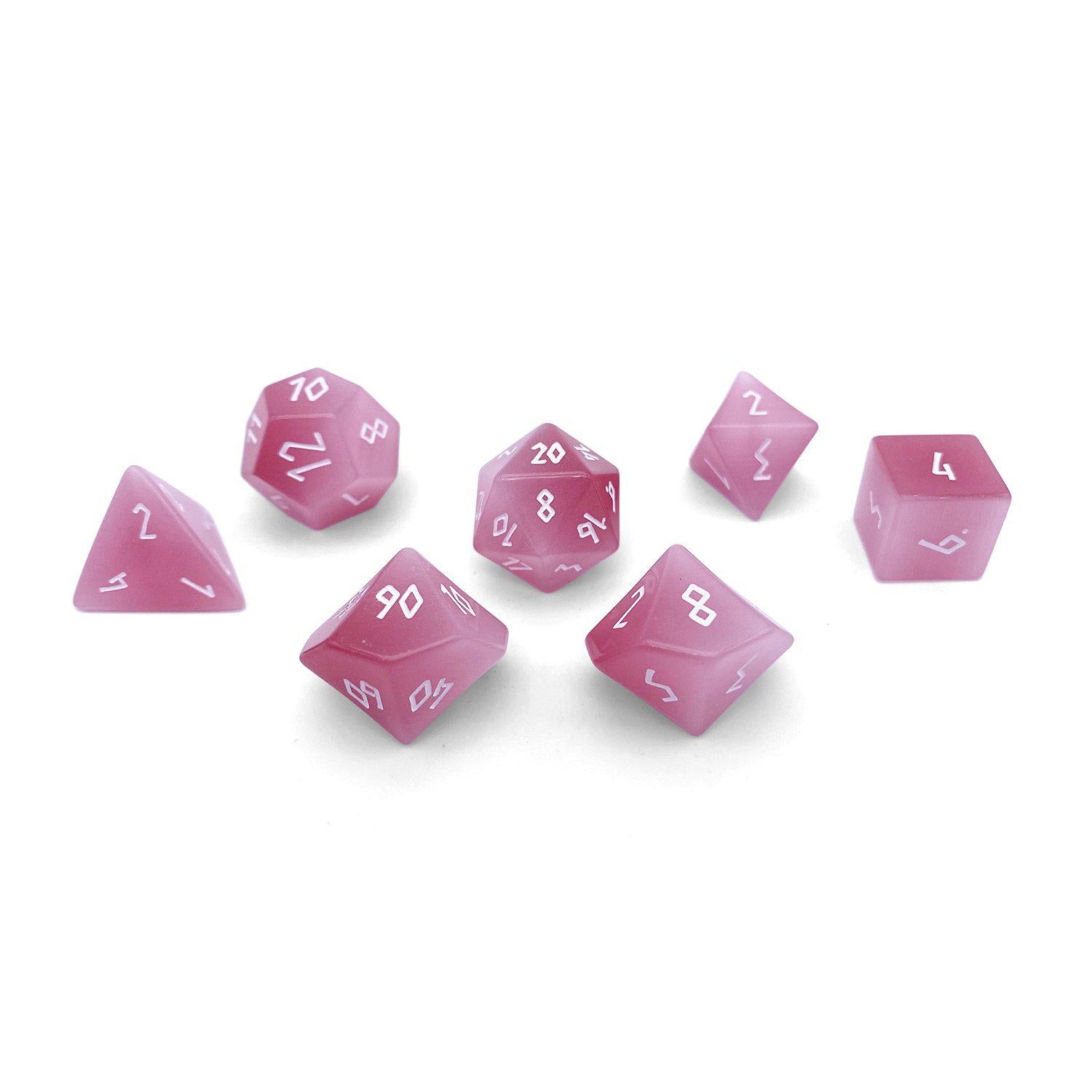 Pink Cats Eye - 7 Piece RPG Set Glass Dice-Glass Dice-Norse Foundry-Norse Foundry-cat's eye glass dice-dungeons & dragons-d&d dice set-rpg dice set-glass dice set-d&d-perfect for tabletop rpgs