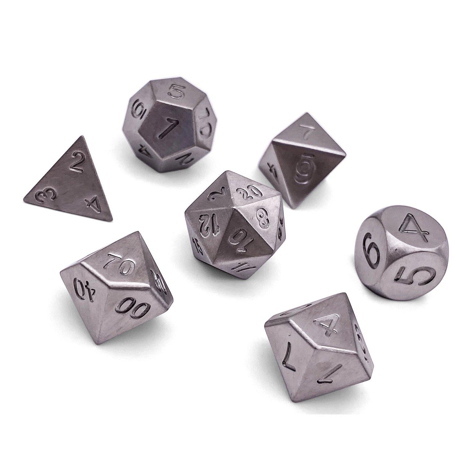 Stainless Steel - 7 Piece RPG Set True Metal Dice-Metal Dice-Norse Foundry-Norse Foundry-dungeons & dragons-d&d dice set-rpg dice set-metal dice set-d&d-luxury dice-perfect for tabletop rpgs
