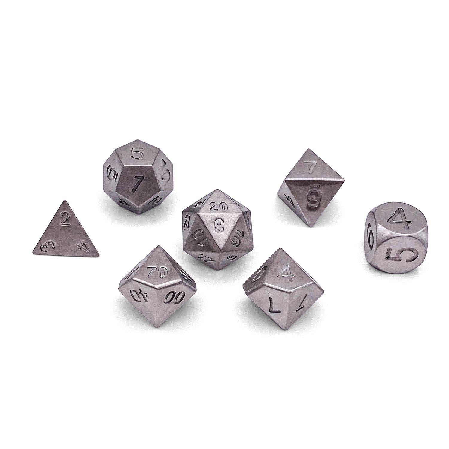 Stainless Steel - 7 Piece RPG Set True Metal Dice-Metal Dice-Norse Foundry-Norse Foundry-dungeons & dragons-d&d dice set-rpg dice set-metal dice set-d&d-luxury dice-perfect for tabletop rpgs