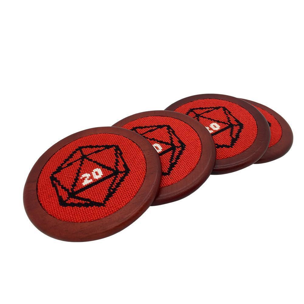 Red D20 Wooden Coasters RPG Needlepoint - Norse Foundry