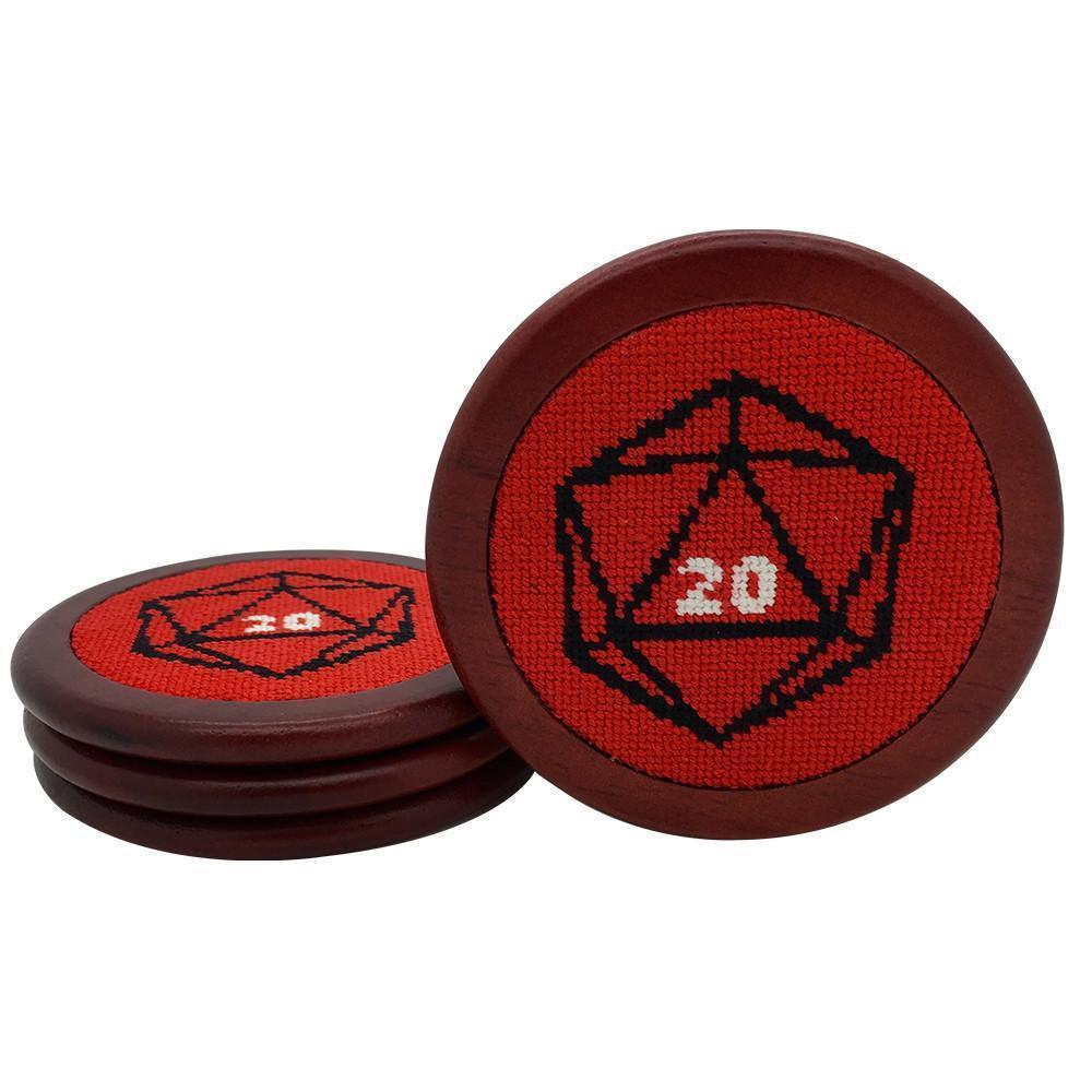 Red D20 Wooden Coasters RPG Needlepoint-Accessories-Norse Foundry-DND Dice-Polyhedral Dice-D20-Metal Dice-Precision Dice-Luxury Dice-Dungeons and Dragons-D&amp;D-